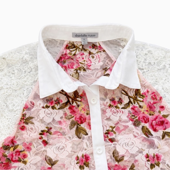 Charlotte Russe Sheer Lace Ivory w/ Roses Collar Blouse Y2K Coquette Romantic M - Picture 4 of 4